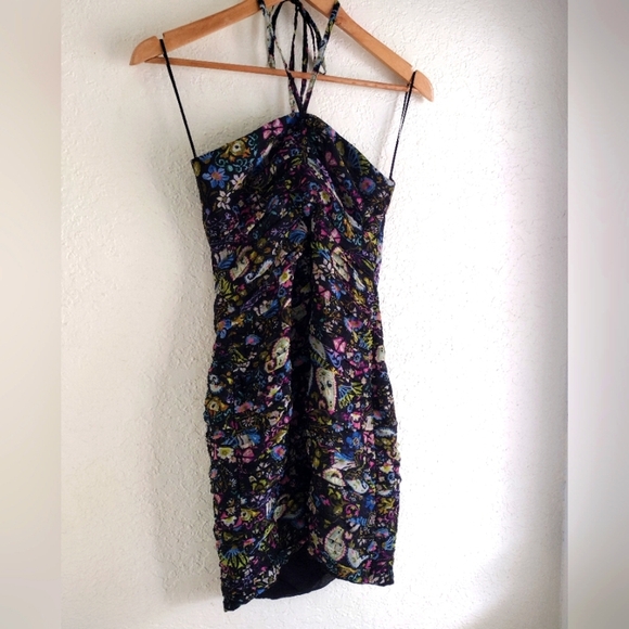 ZARA black paisley ruched body con halter mini dress - Picture 5 of 11